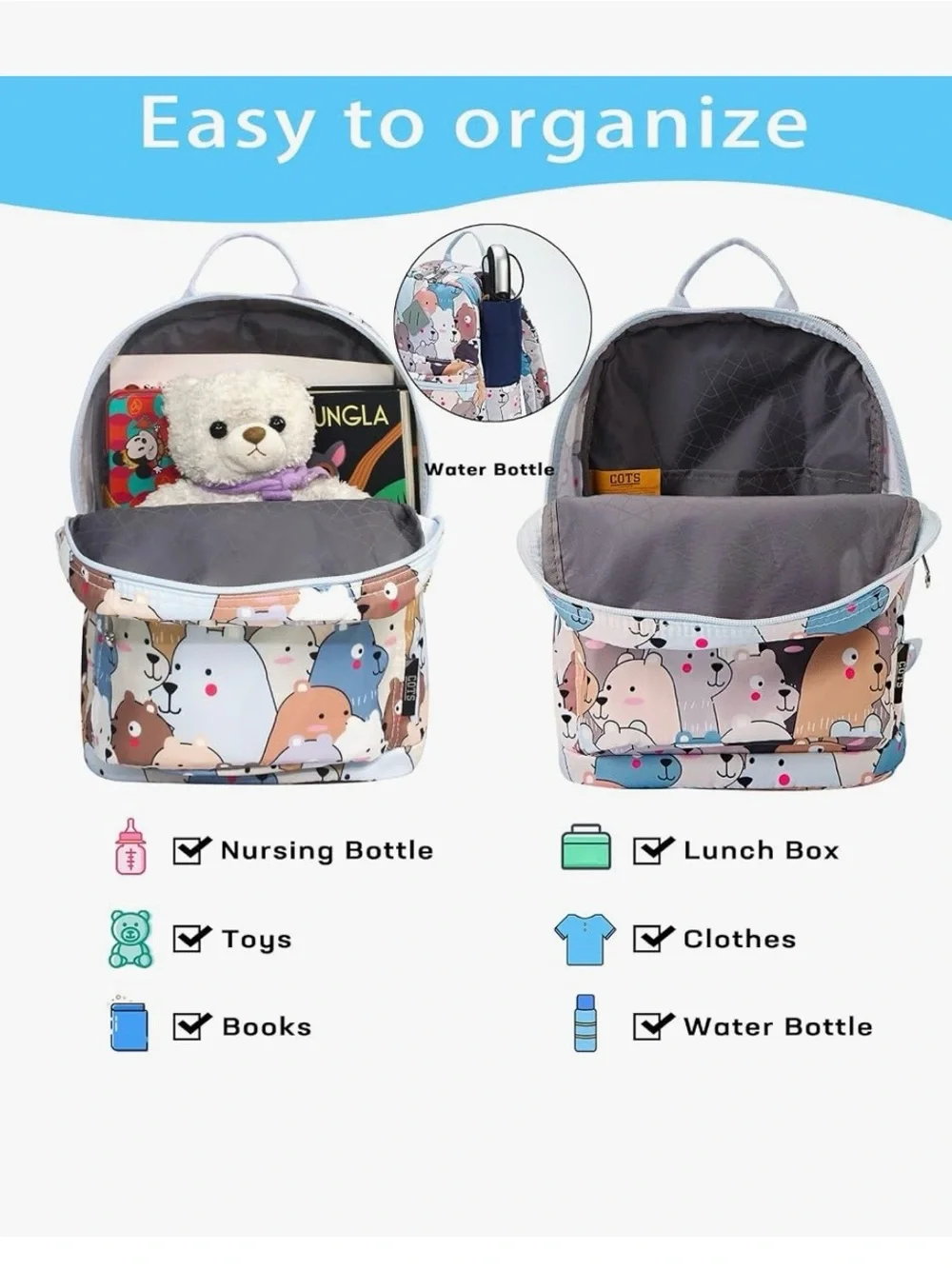 NWT COTS Kids Bear Print Mini Backpack in Pastel Blues & Neutrals